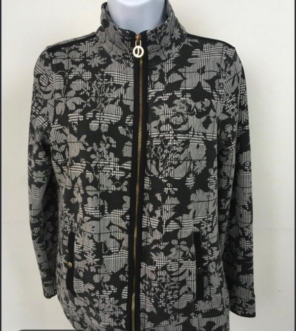 Jones New York Floral & Plaid Full‑Zip Jacket • Gold Accents • Size Large
